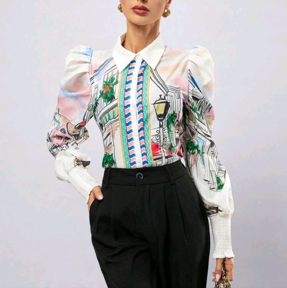 Painting Print Button Down Long Sleeve Shirt Button Up Shirt Women Long Sleeve - Picture 5 of 5